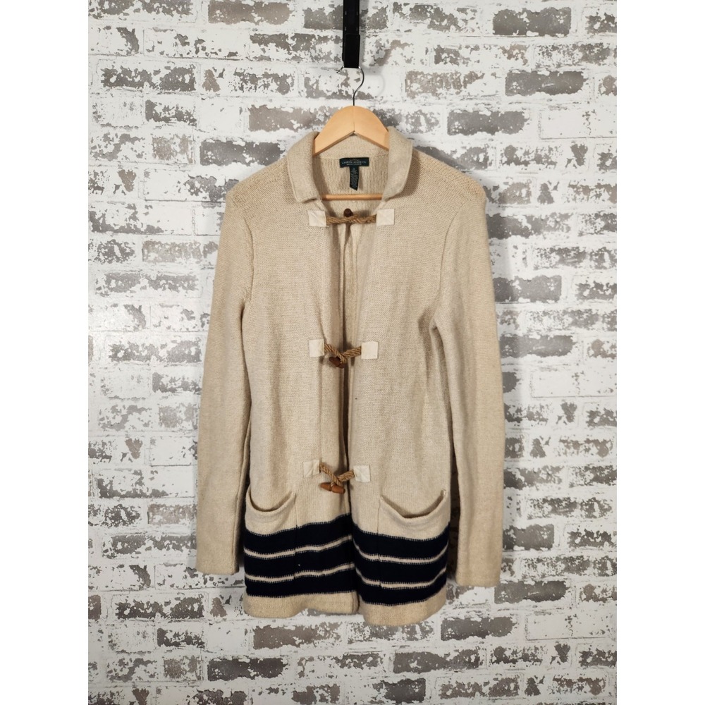 Lauren Ralph Lauren Toggle Sweater Size Medium Beige Lambswool Fisherman Coastal